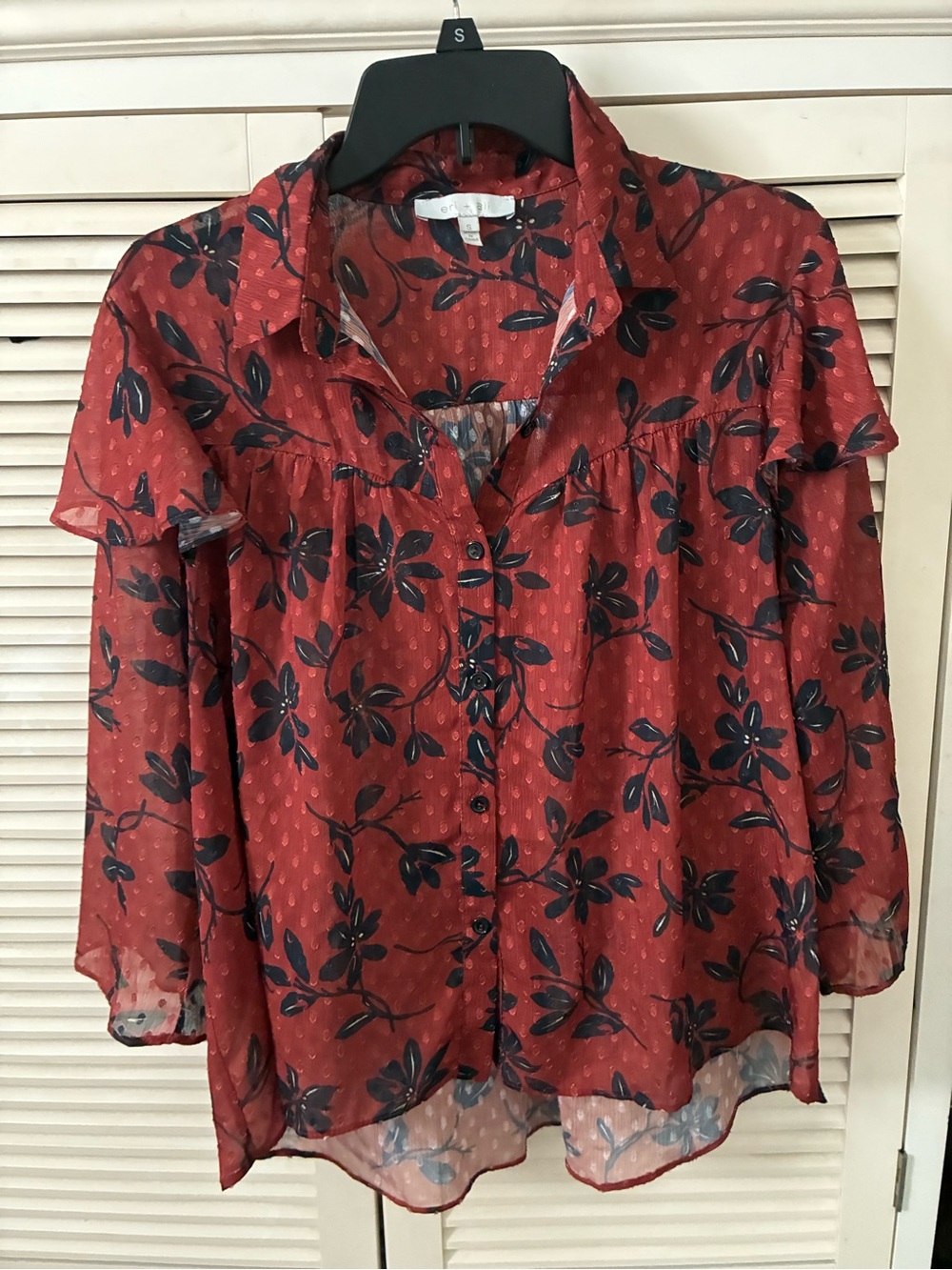Sheer Rust Floral Button-Front Blouse